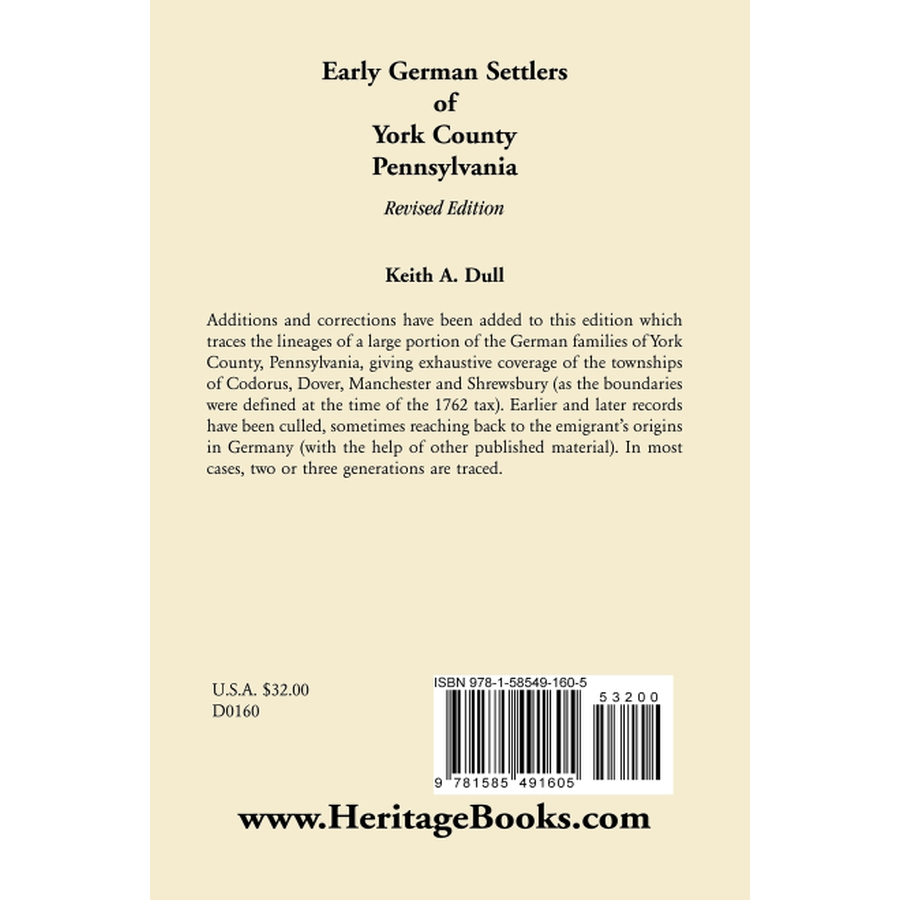 back cover of Early German Settlers of York County, Pennsylvania, Revised Edition