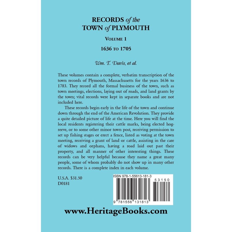 Records of the Town of Plymouth, Volume 1, 1636-1705 back cover