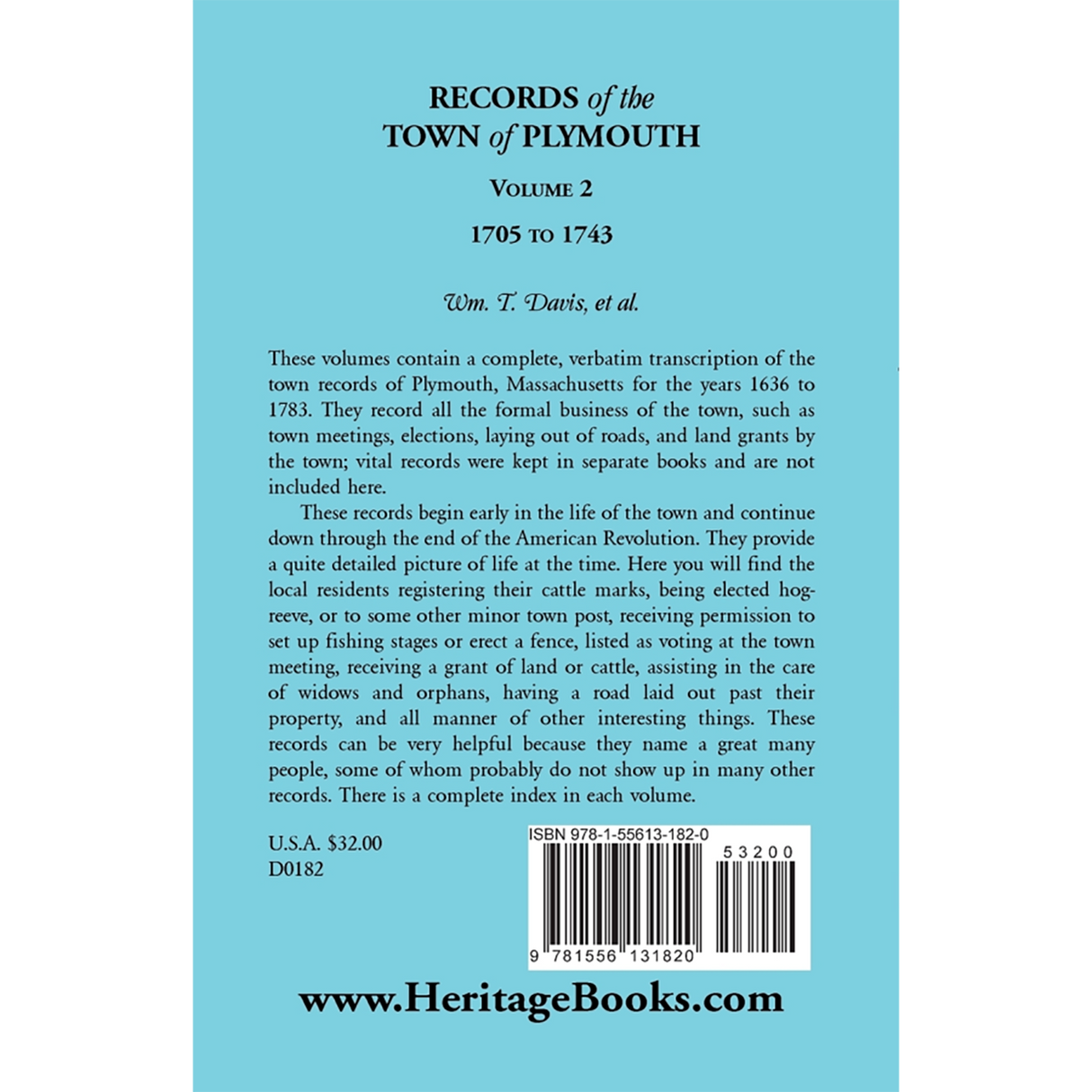 Records of the Town of Plymouth, Volume 2, 1705-1743 back cover