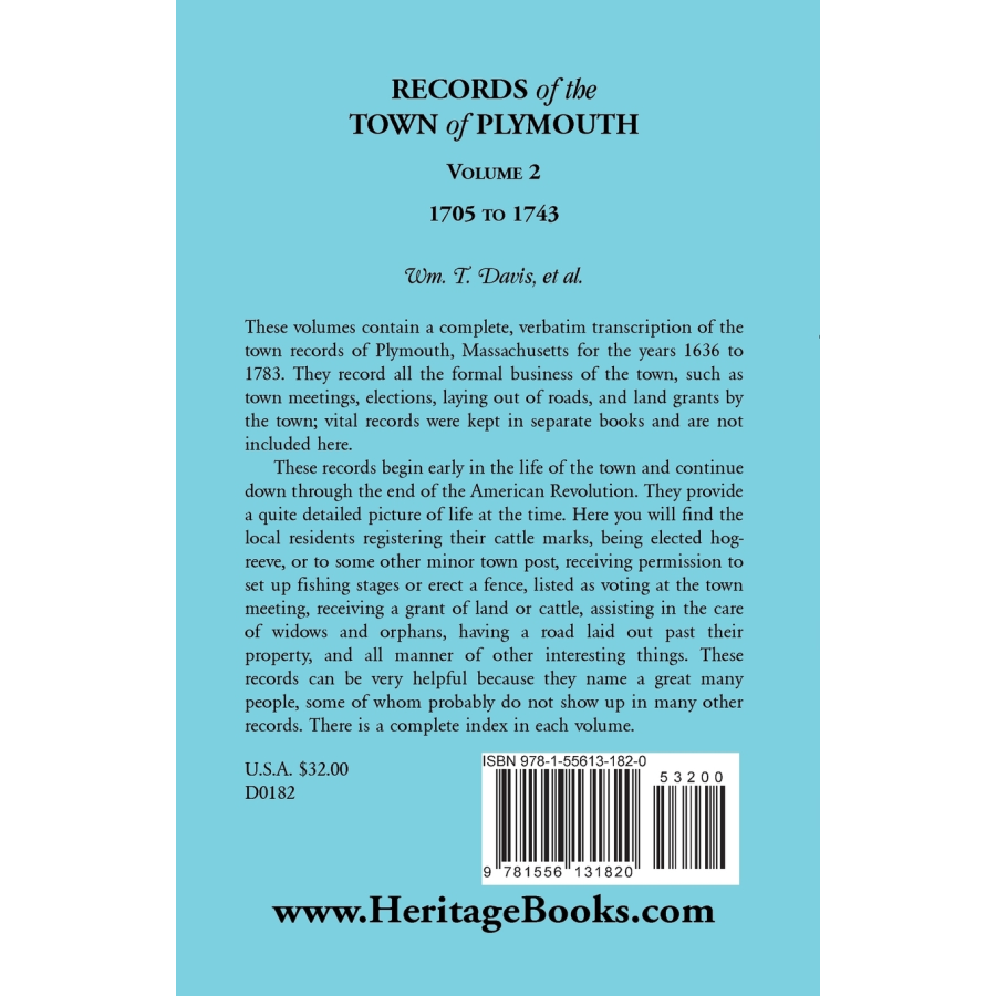 Records of the Town of Plymouth, Volume 2, 1705-1743 back cover