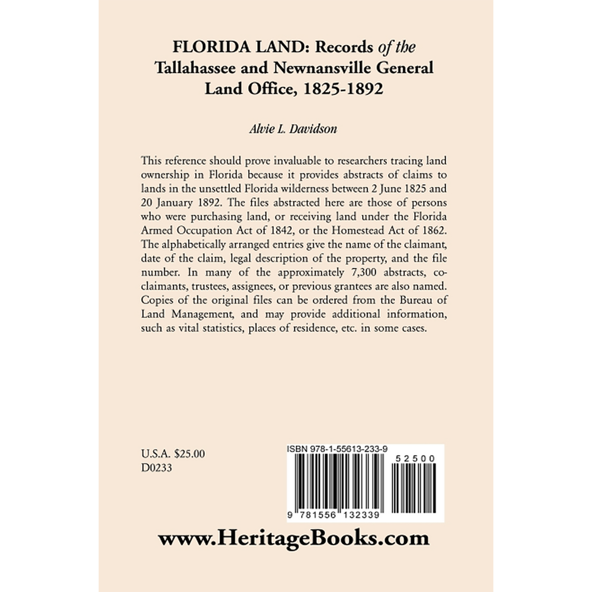Florida Land: Records of the Tallahassee and Newnansville General Land Office, 1825-1892 back cover