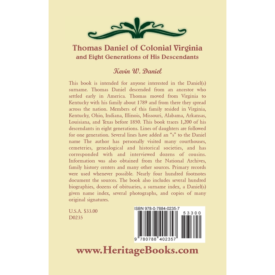 back cover of Thomas Daniel of Colonial Virginia and Eight Generations of His Descendants