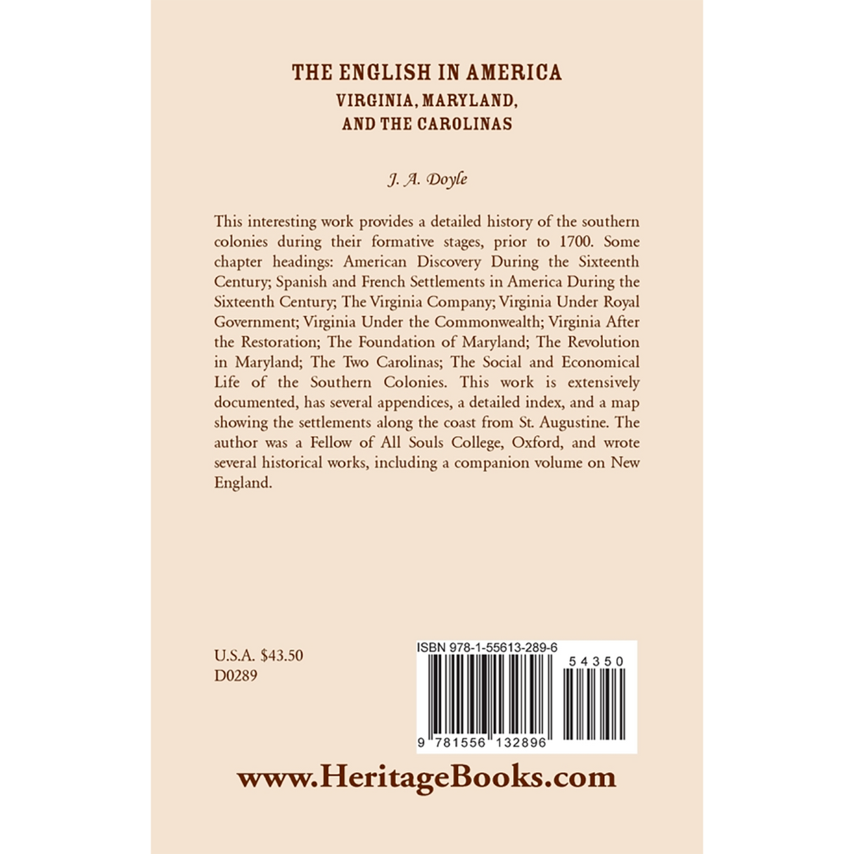 The English in America: Virginia, Maryland, and the Carolinas back cover