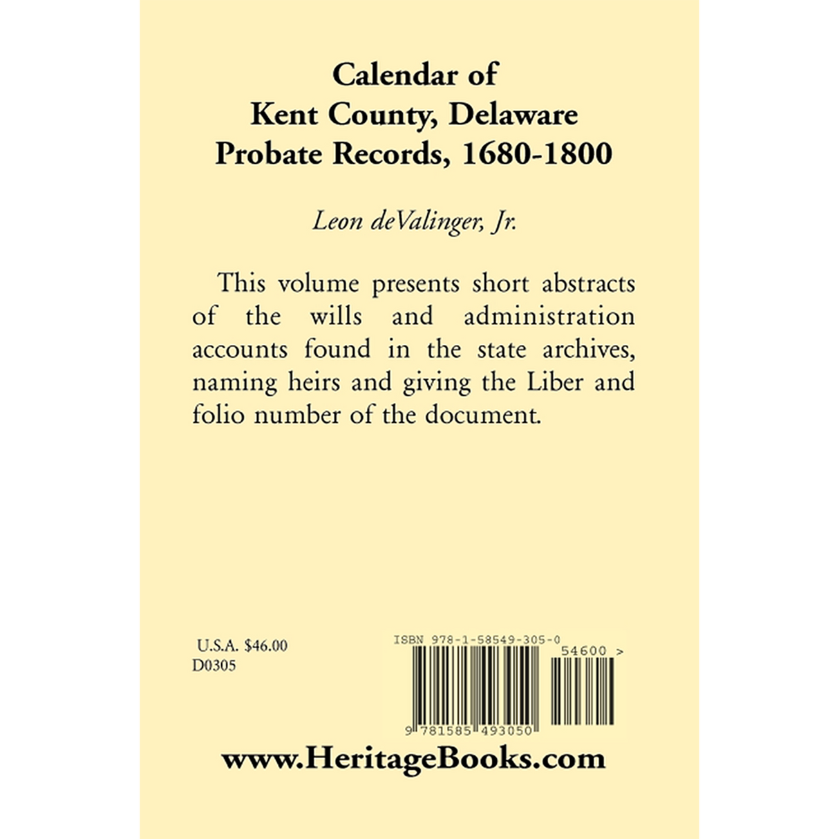 Calendar of Kent County, Delaware Probate Records, 1680-1800 back cover