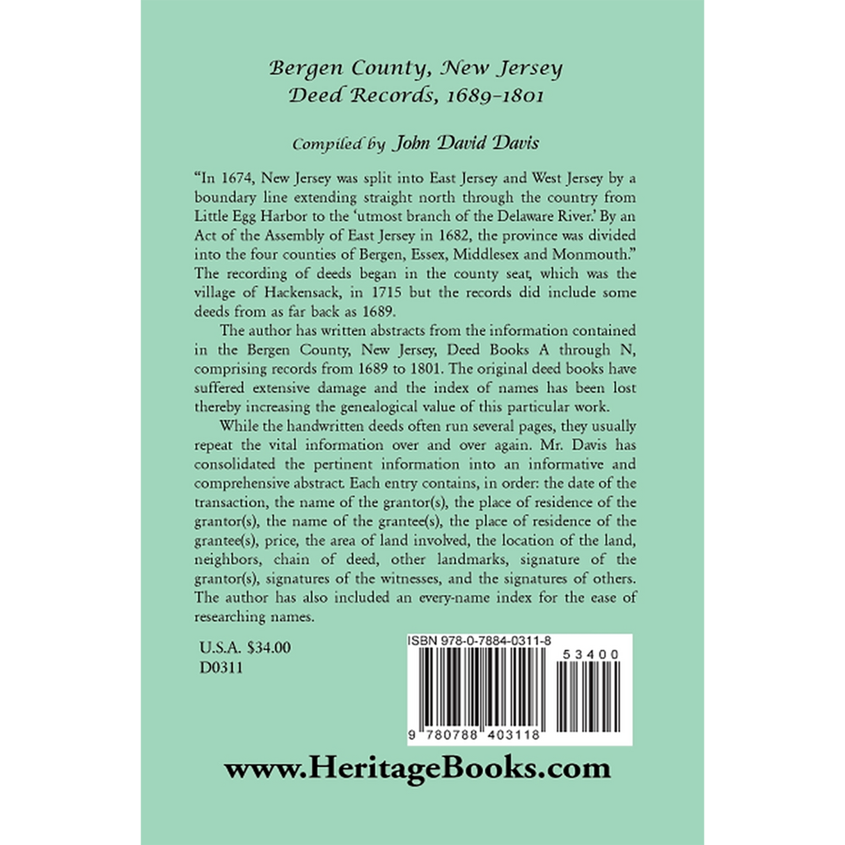 Bergen County, New Jersey Deed Records, 1689-1801 back cover