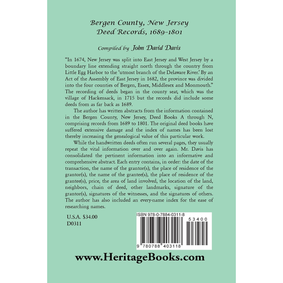 Bergen County, New Jersey Deed Records, 1689-1801 – Heritage Books