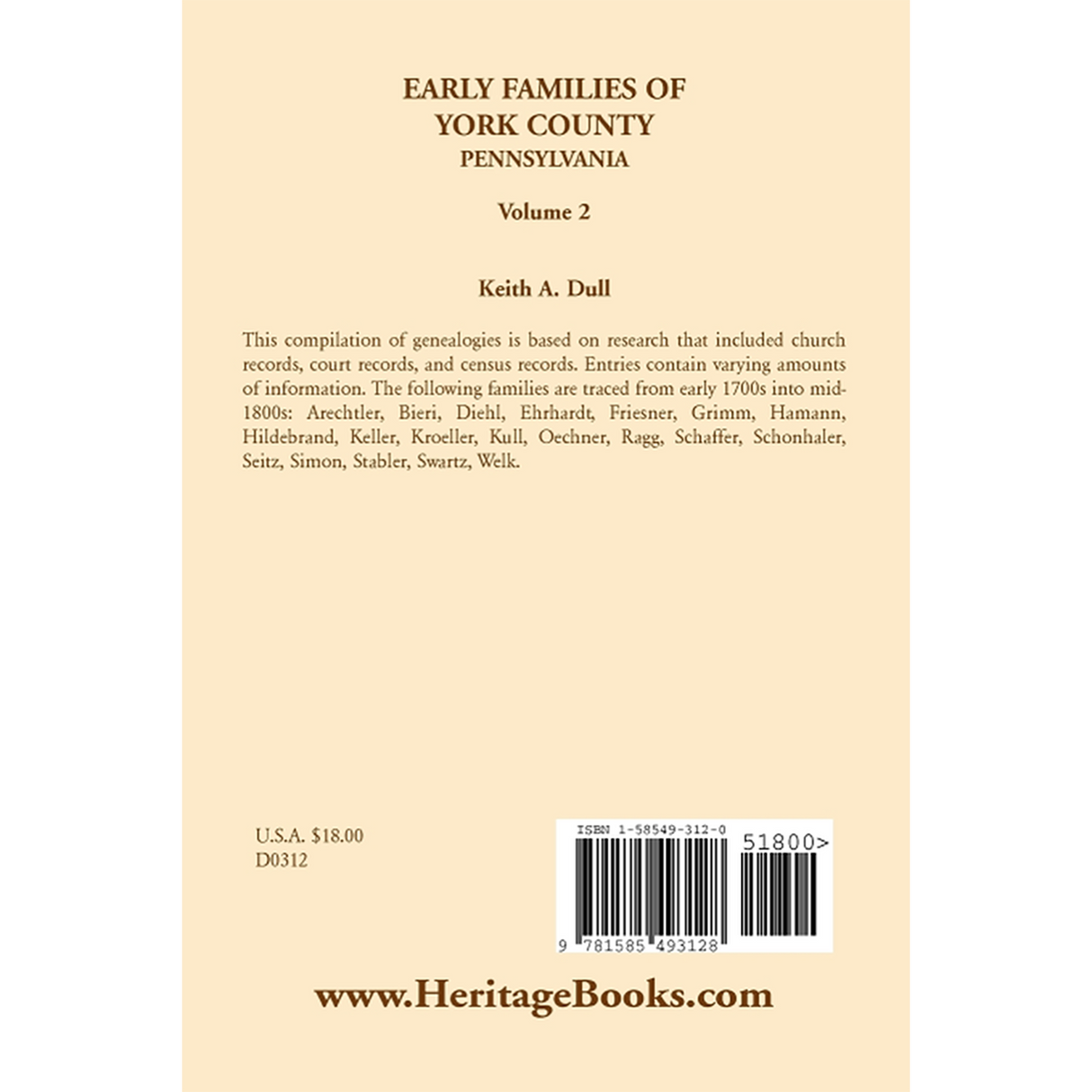 Early Families of York County, Pennsylvania, Volume 2 back cover