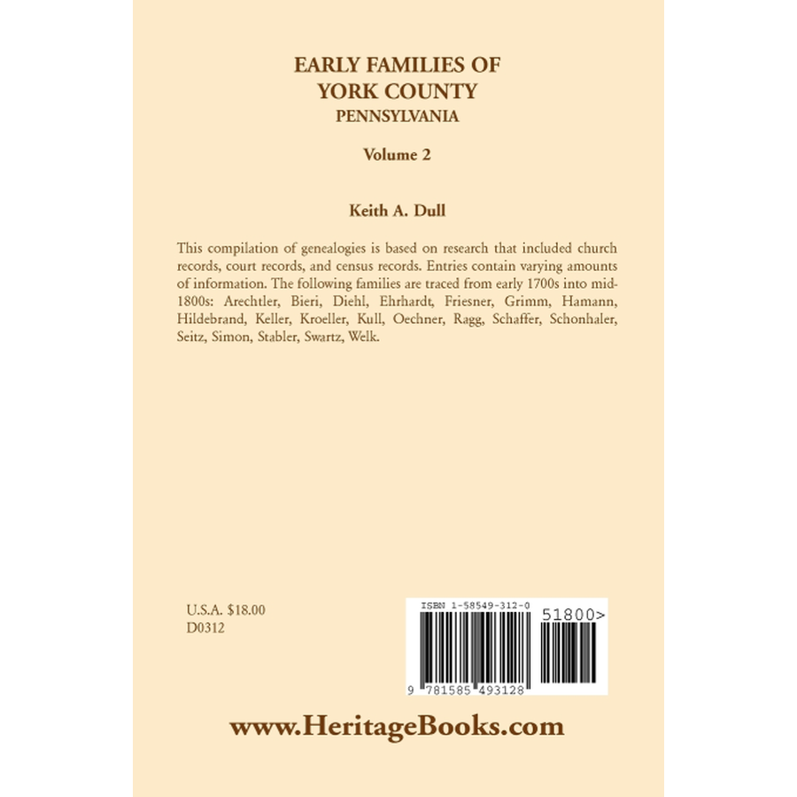 back cover of Early Families of York County, Pennsylvania, Volume 2