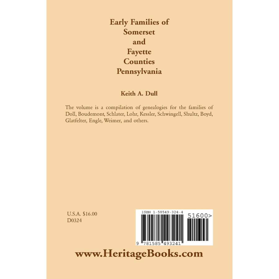 back cover of Early Families of Somerset and Fayette Counties, Pennsylvania