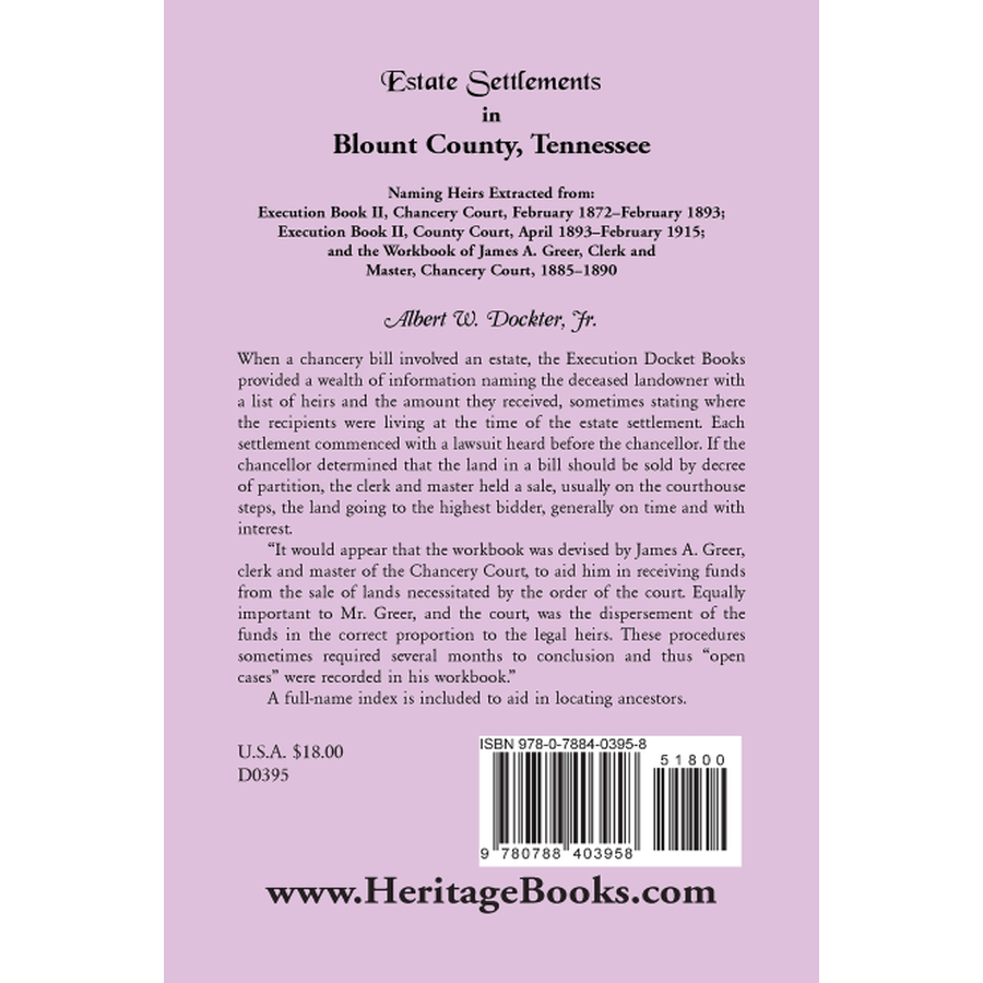 back cover of Estate Settlements of Blount County, Tennessee, 1872-1893