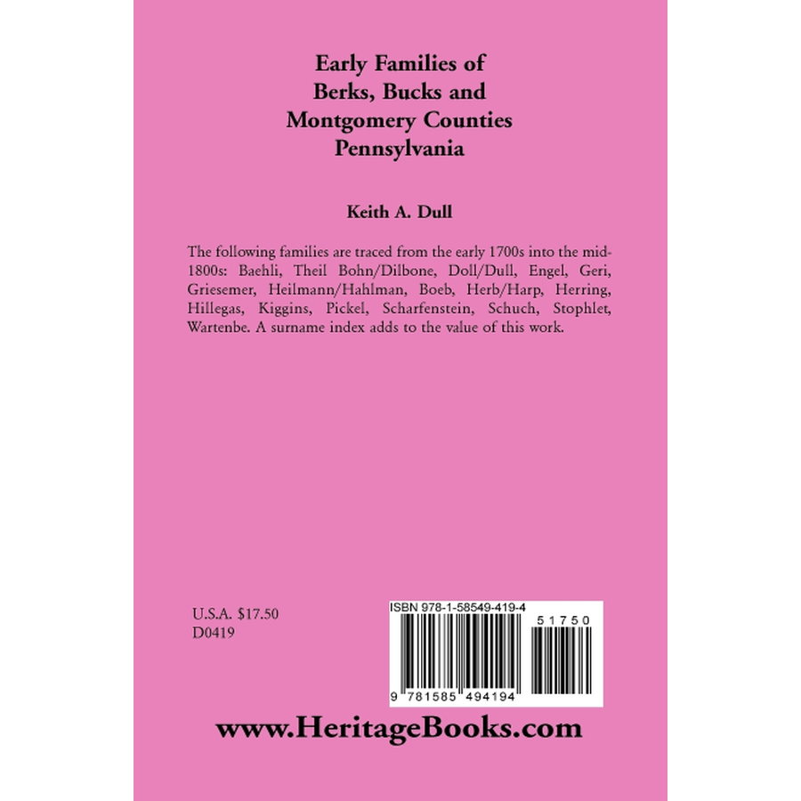 back cover of Early Families of Berks, Bucks and Montgomery Counties, Pennsylvania