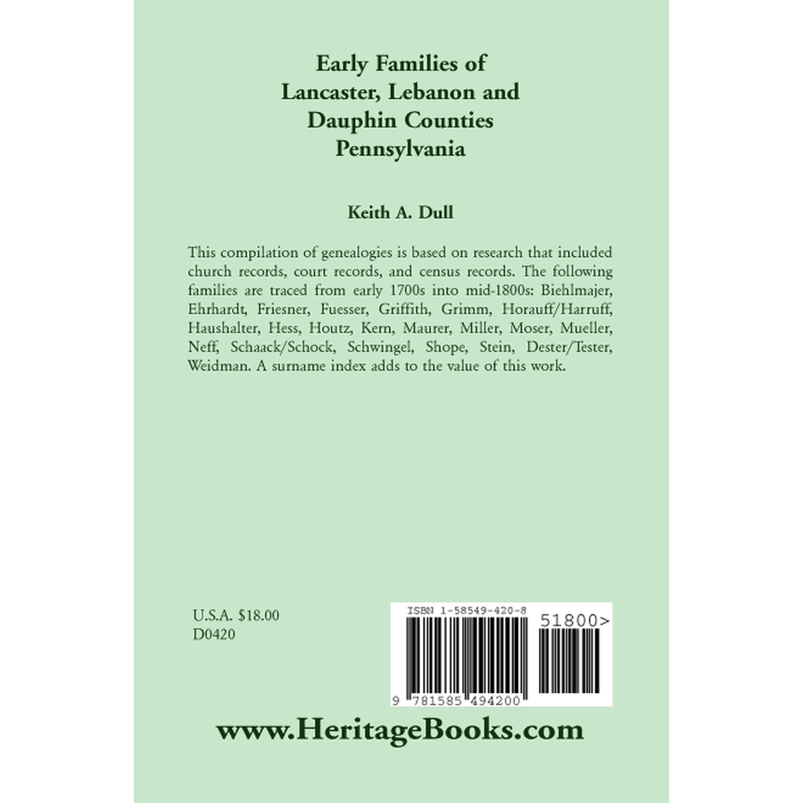 back cover of Early Families of Lancaster, Lebanon and Dauphin Counties, Pennsylvania