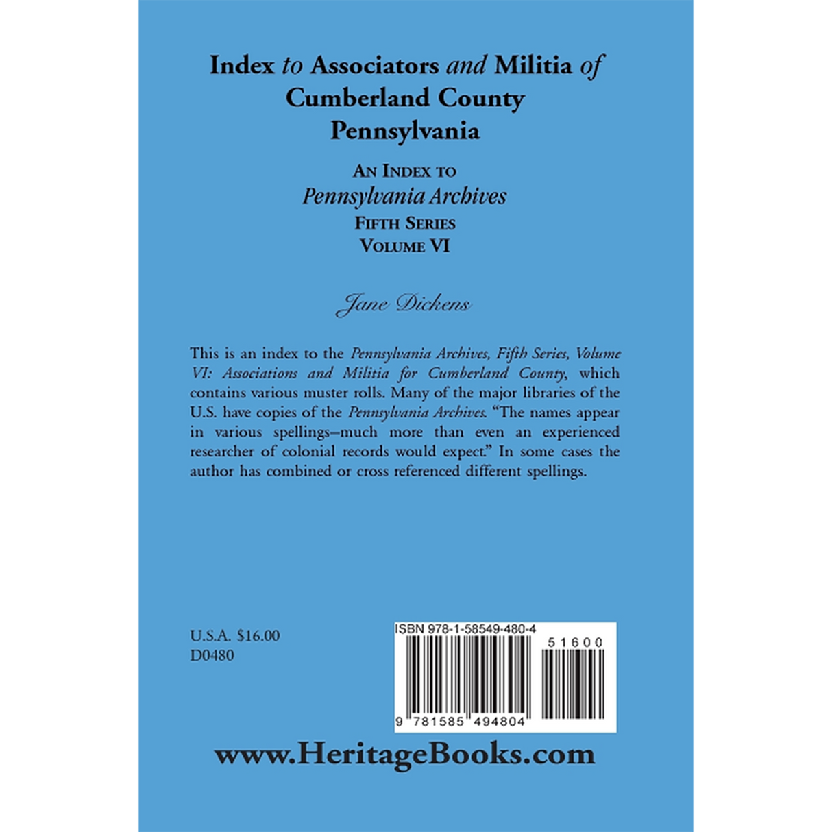 Index to Associators and Militia of Cumberland County, Pennsylvania An Index to Pennsylvania Archives, Fifth Series, Volume VI back cover