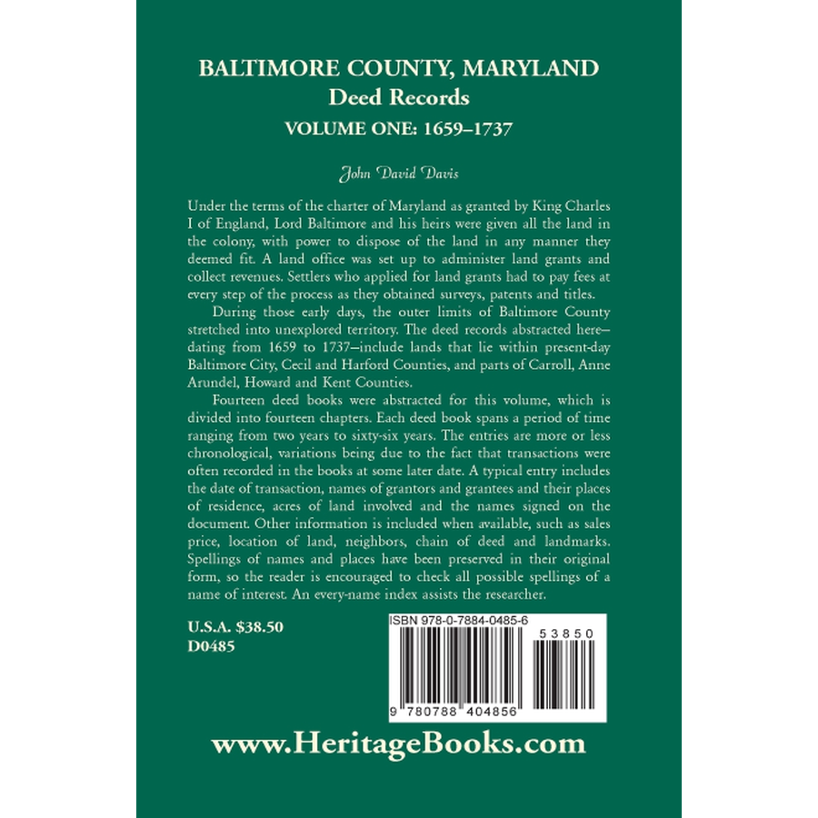 back cover of Baltimore County, Maryland, Deed Records, Volume 1: 1659-1737