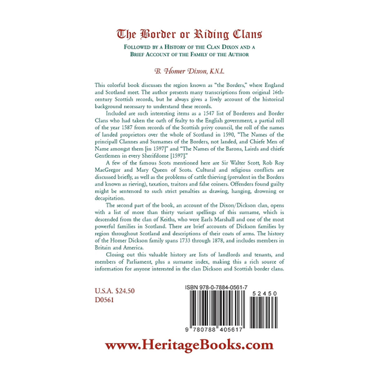 The Border or Riding Clans Followed by a History of the Clan Dixon and a Brief Account of the Family of the Author back cover