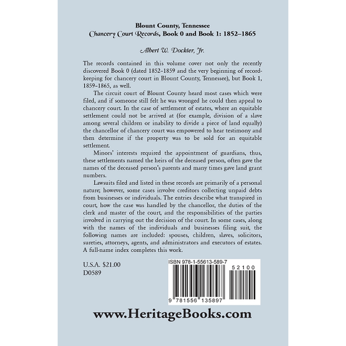 Blount County, Tennessee Chancery Court Records, Book 0 and Book 1, 1852-1865 back cover