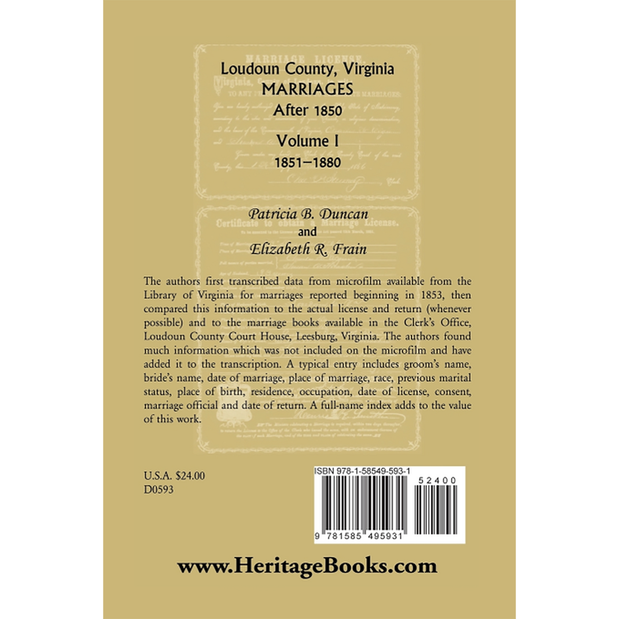 Loudoun County, Virginia Marriages after 1850, Volume 1, 1851-1880 back cover