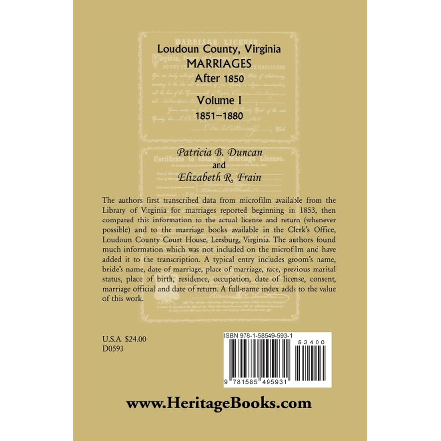 back cover of Loudoun County, Virginia Marriages after 1850, Volume 1, 1851-1880