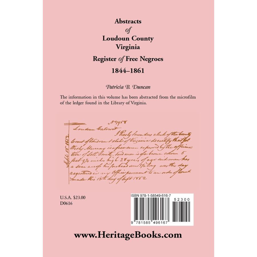 back cover of Abstracts of Loudoun County, Virginia Register of Free Negroes, 1844-1861