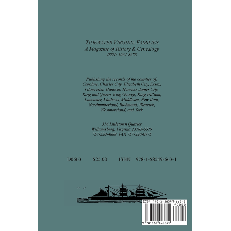 Tidewater Virginia Families: A Magazine of History and Genealogy, Volume 3, May 1994-Feb 1995 back cover