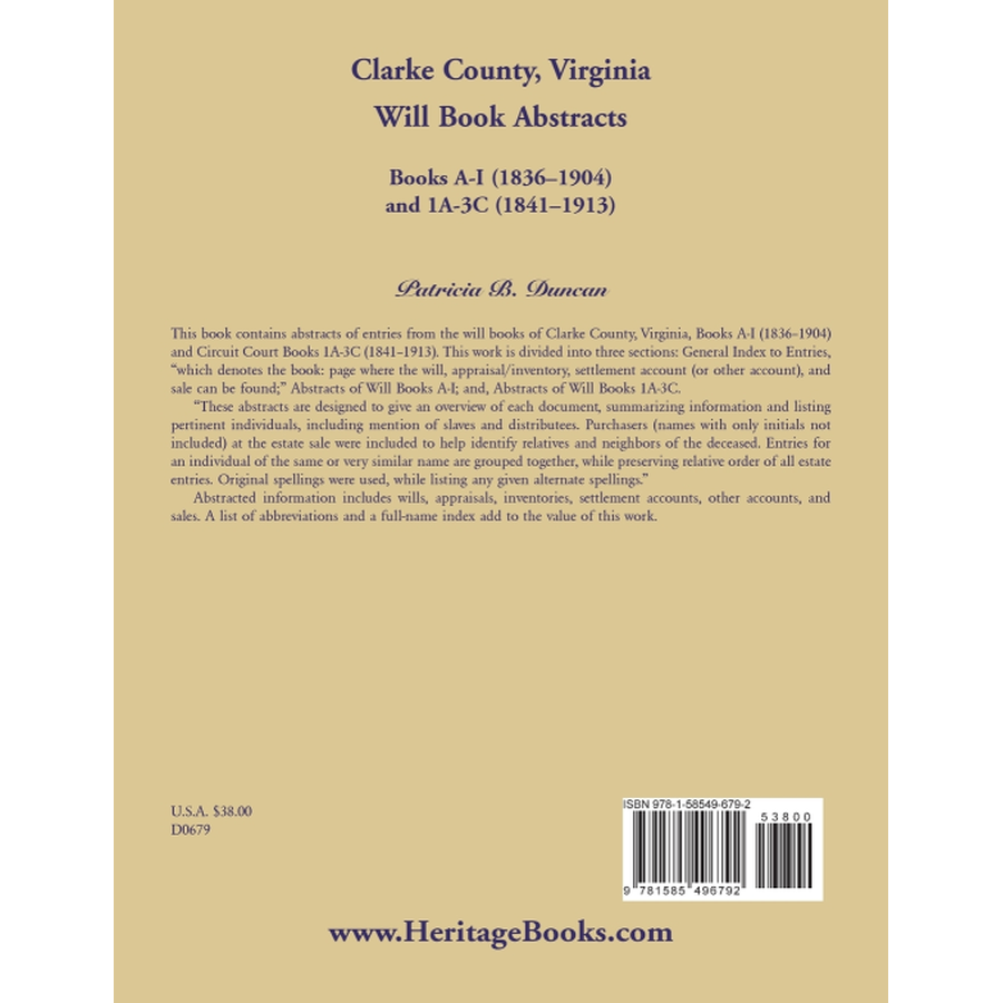 back cover of Clarke County, Virginia Will Book Abstracts Books A-I (1836-1904) and 1A-3C (1841-1913)