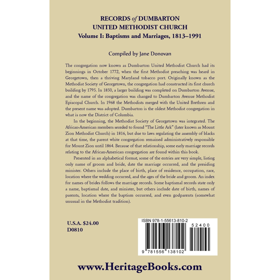 Records of Dumbarton United Methodist Church, Volume I: Baptisms and Marriages, 1813-1991 back cover