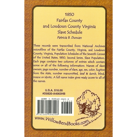 1850 Fairfax County and Loudoun County, Virginia Slave Schedule