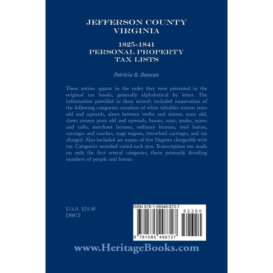 Jefferson County, [West] Virginia, 1825-1841 Personal Property Tax Lists back cover