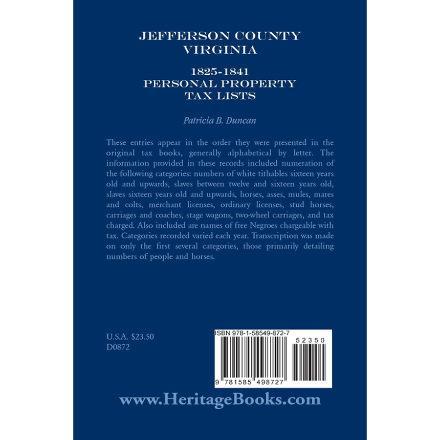 back cover of Jefferson County, [West] Virginia, 1825-1841 Personal Property Tax Lists
