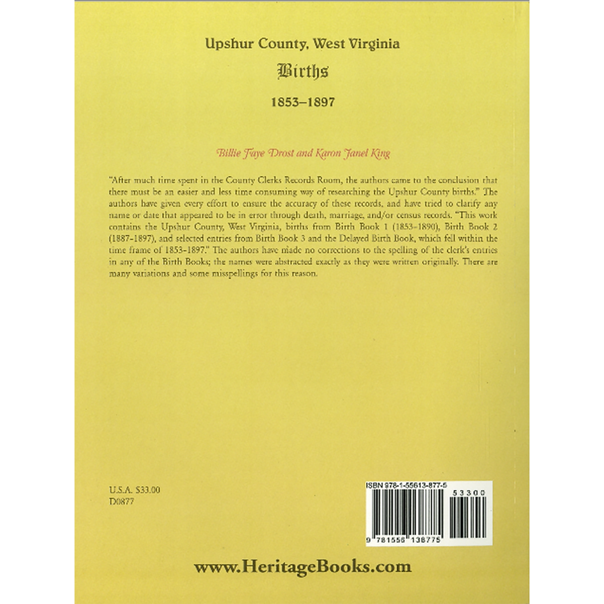 Upshur County, West Virginia Births, 1853-1897 back cover