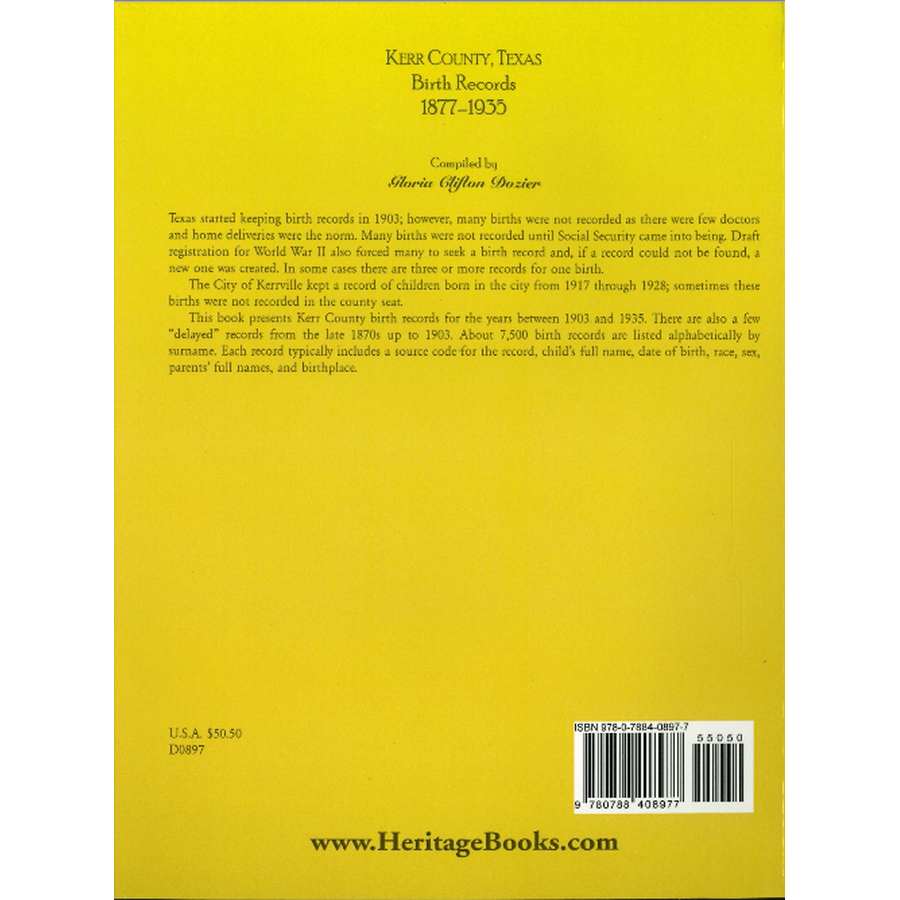 Kerr County, Texas Birth Records, 1877-1935 back cover