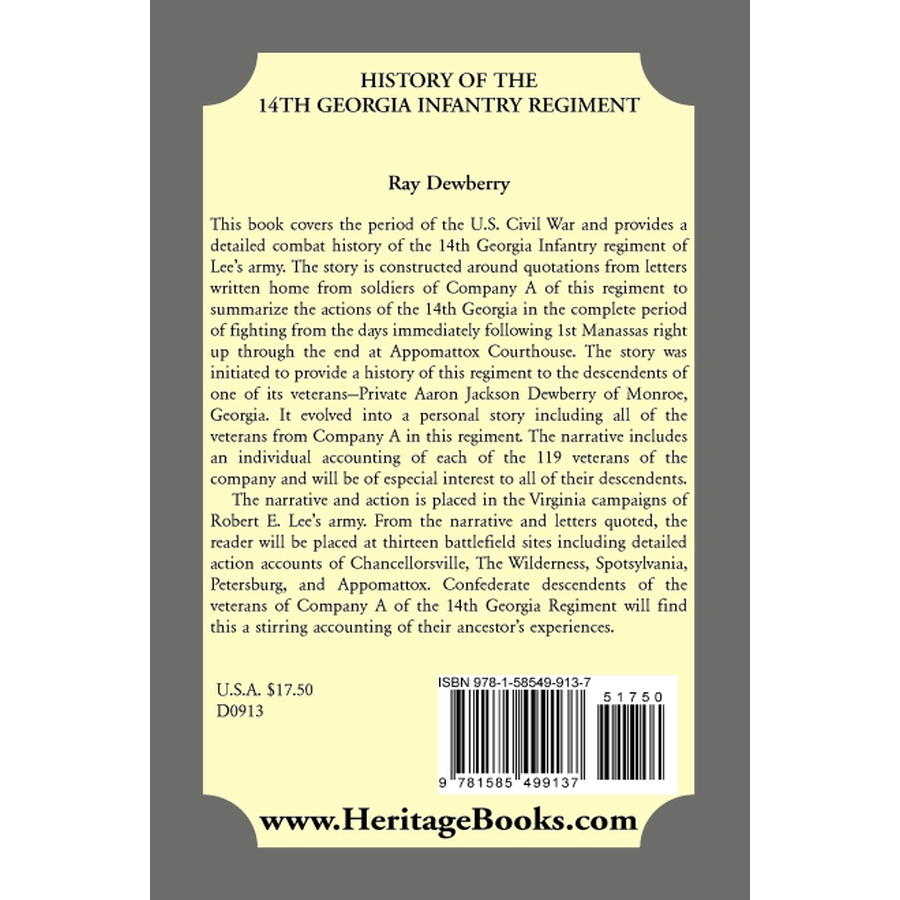 back cover of History of the 14th Georgia Infantry Regiment