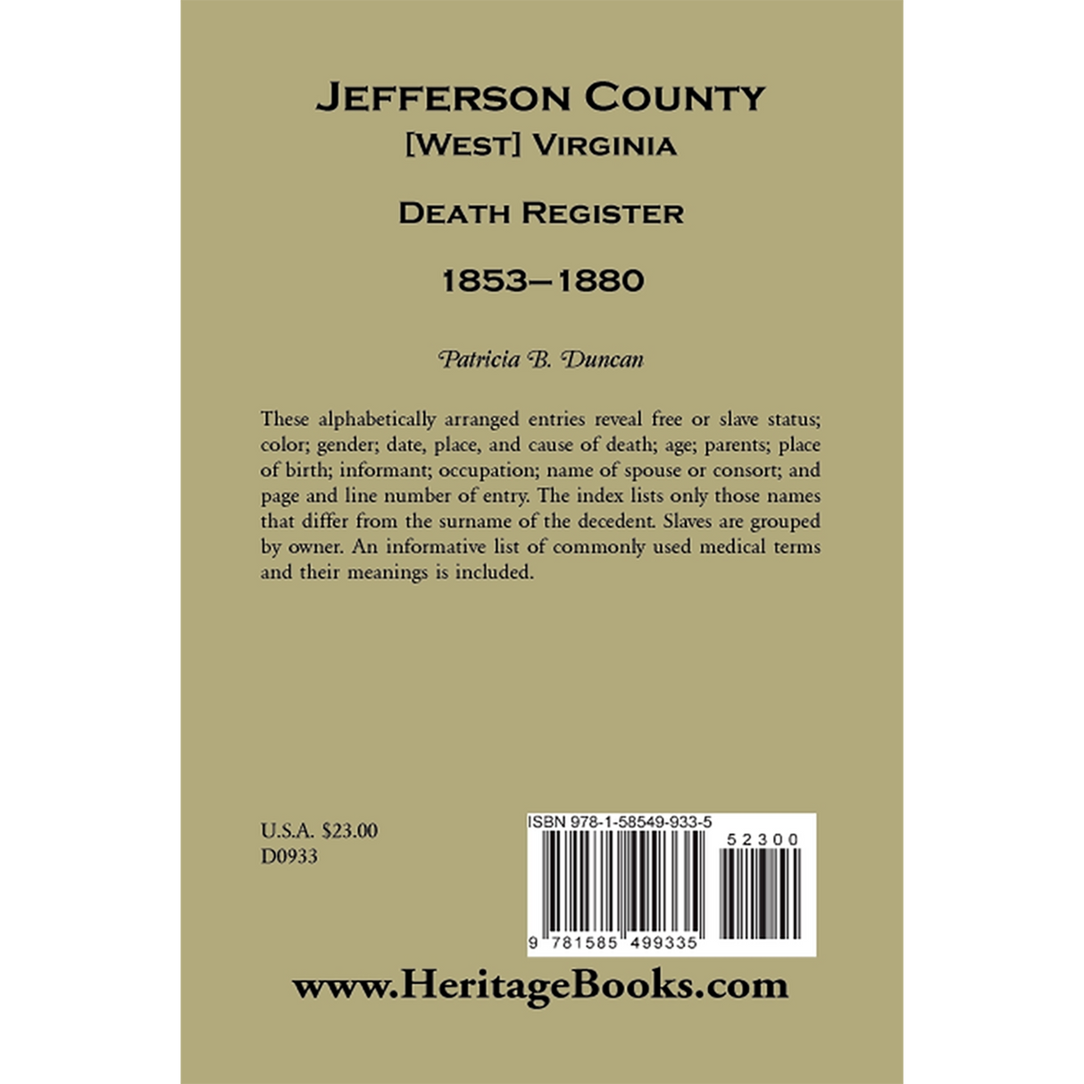 Jefferson County, [West] Virginia, Death Records, 1853-1880 back cover