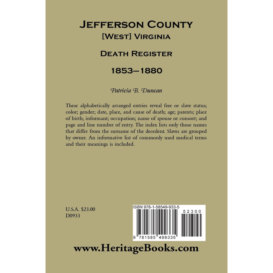 Jefferson County, [West] Virginia, Death Records, 1853-1880 back cover