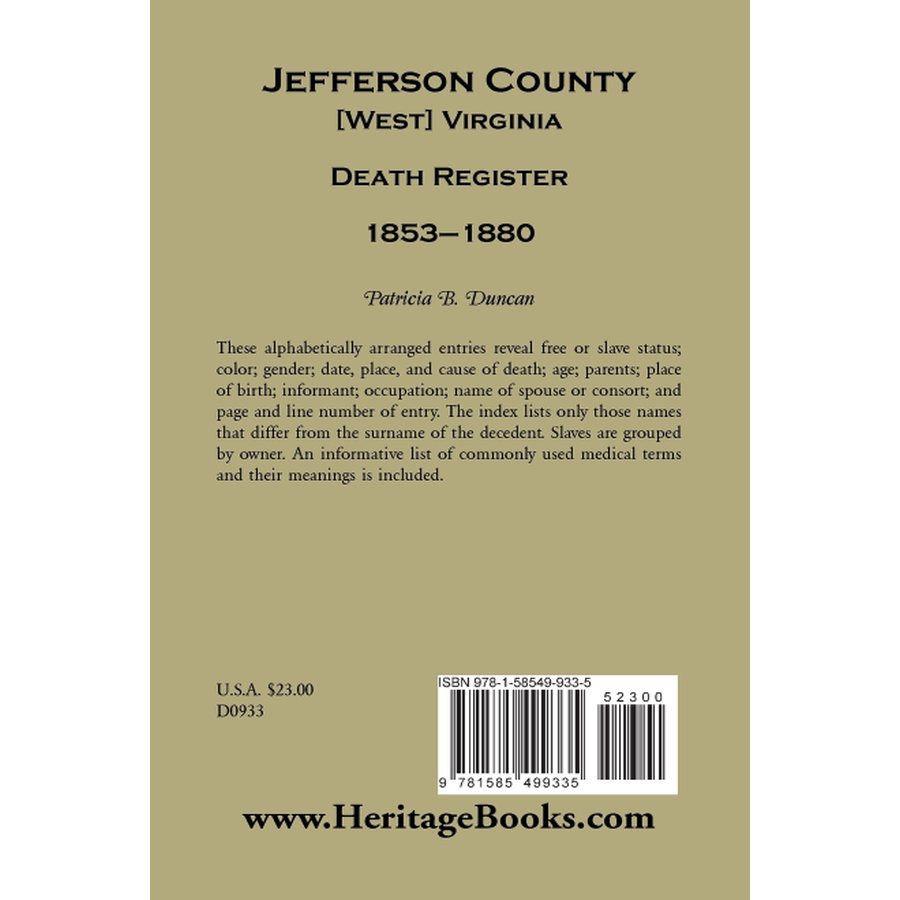 back cover of Jefferson County, [West] Virginia, Death Records, 1853-1880