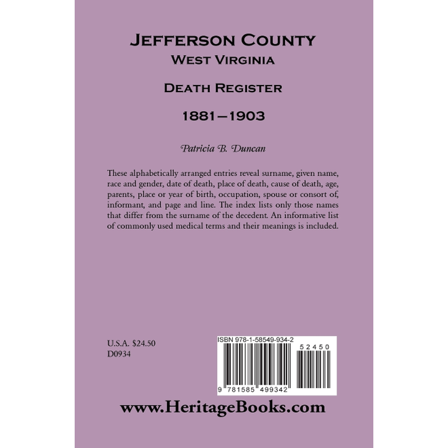 Jefferson County, West Virginia, Death Records, 1881-1903 back cover