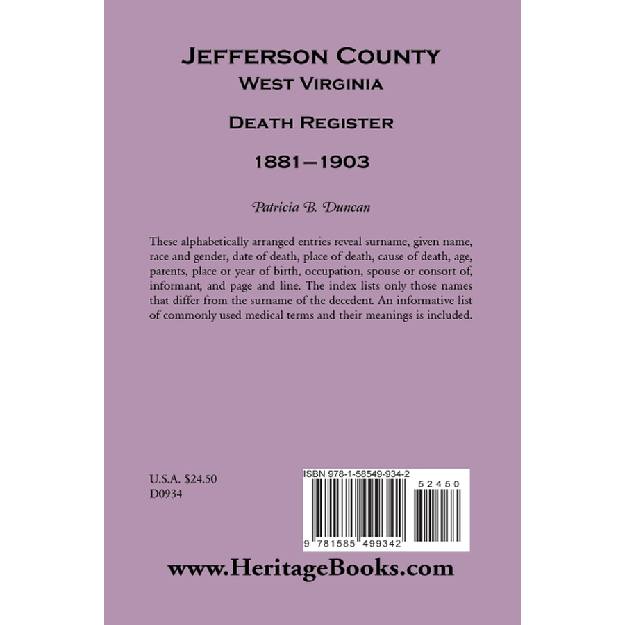 back cover of Jefferson County, West Virginia, Death Records, 1881-1903