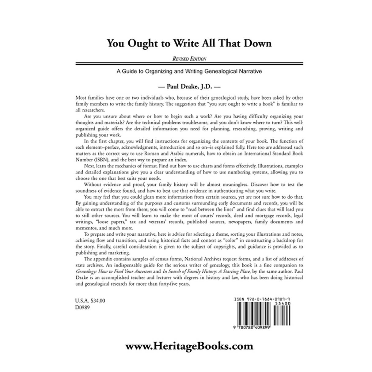 You Ought to Write All That Down: A Guide to Organizing and Writing Genealogical Narrative, Revised Edition back cover