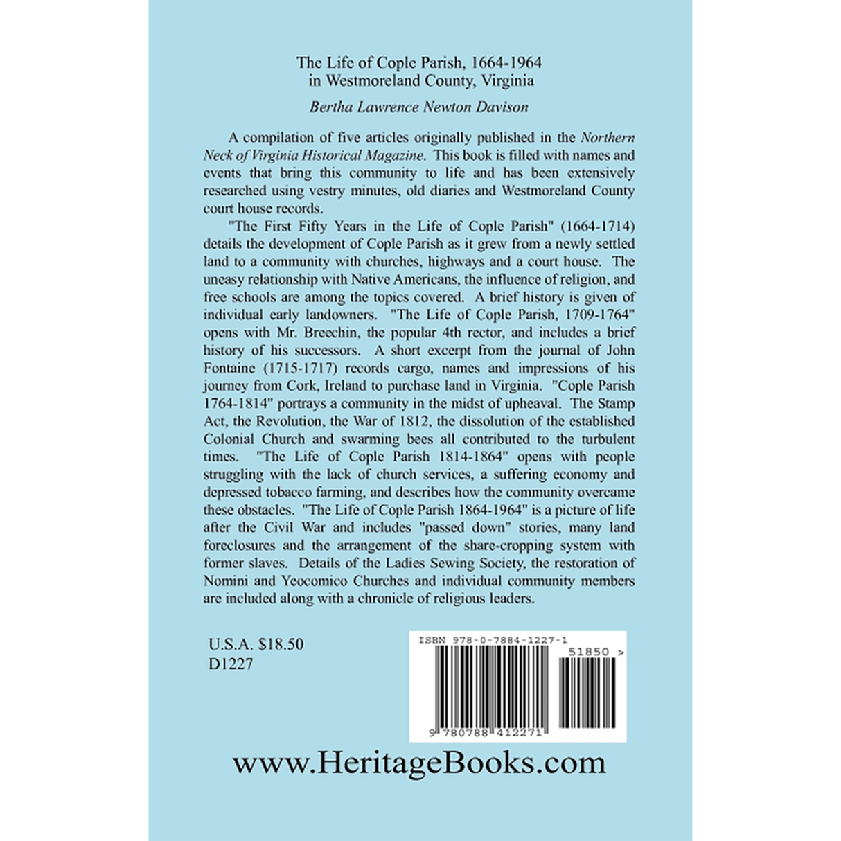 The Life of Cople Parish, 1664-1964 in Westmoreland County, Virginia back cover