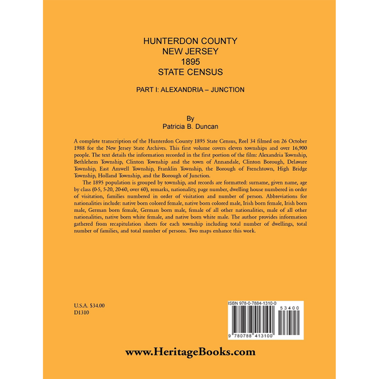 Hunterdon County, New Jersey, 1895 State Census, Part I: Alexandria-Junction back cover