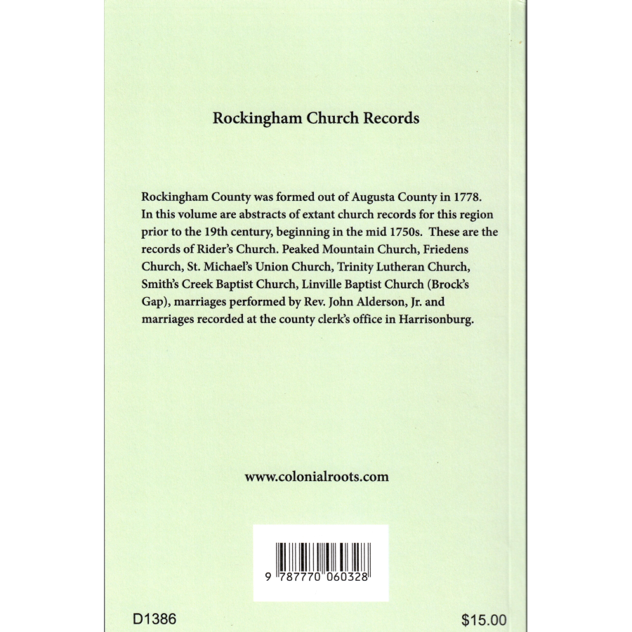 Early Church Records of Rockingham County, Virginia back cover