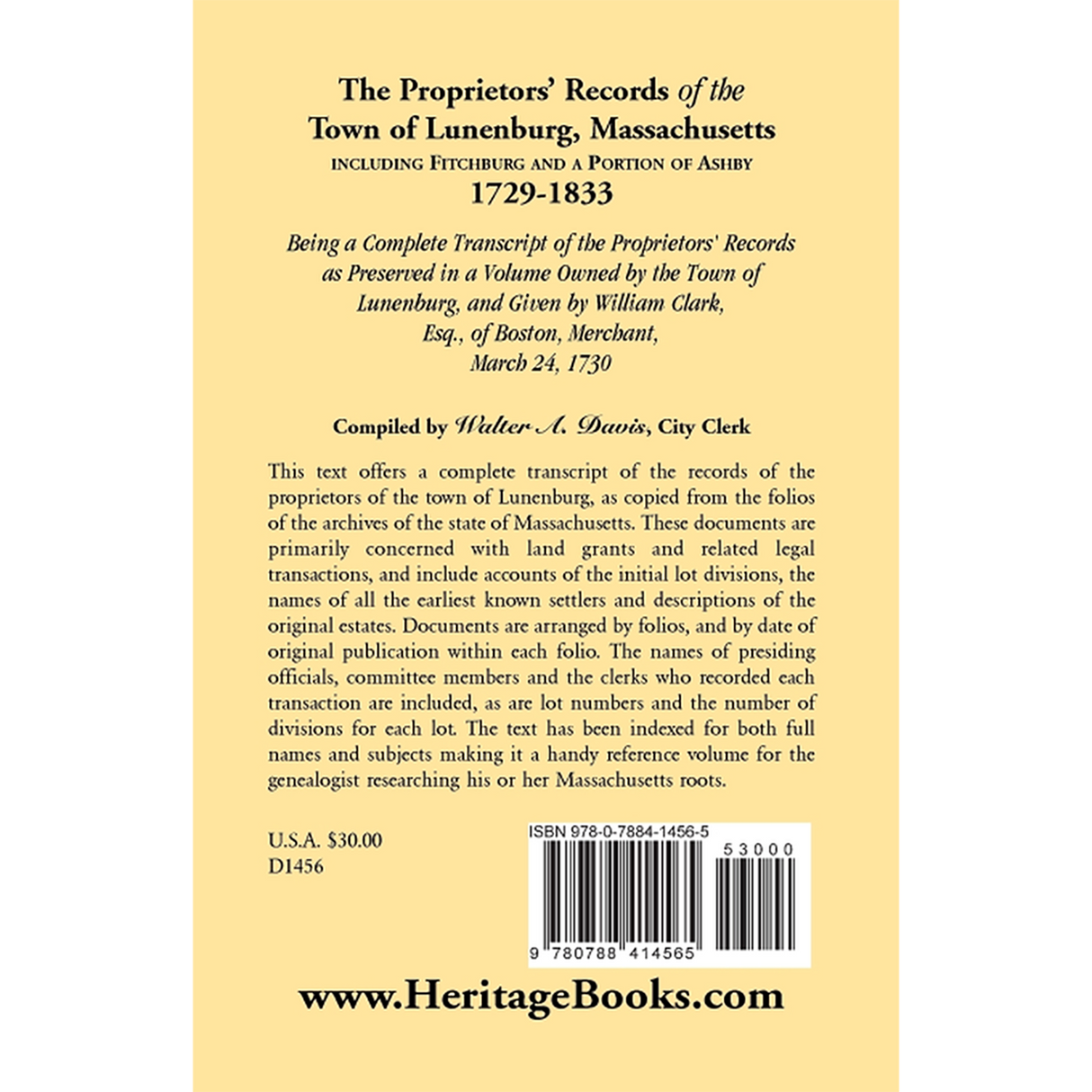 The Proprietors' Records of the Town of Lunenburg, Massachusetts, including Fitchburg and a Portion of Ashby, 1729-1833 back cover