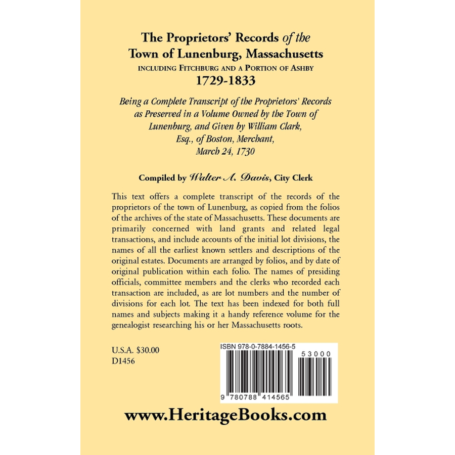 The Proprietors' Records of the Town of Lunenburg, Massachusetts, including Fitchburg and a Portion of Ashby, 1729-1833 back cover