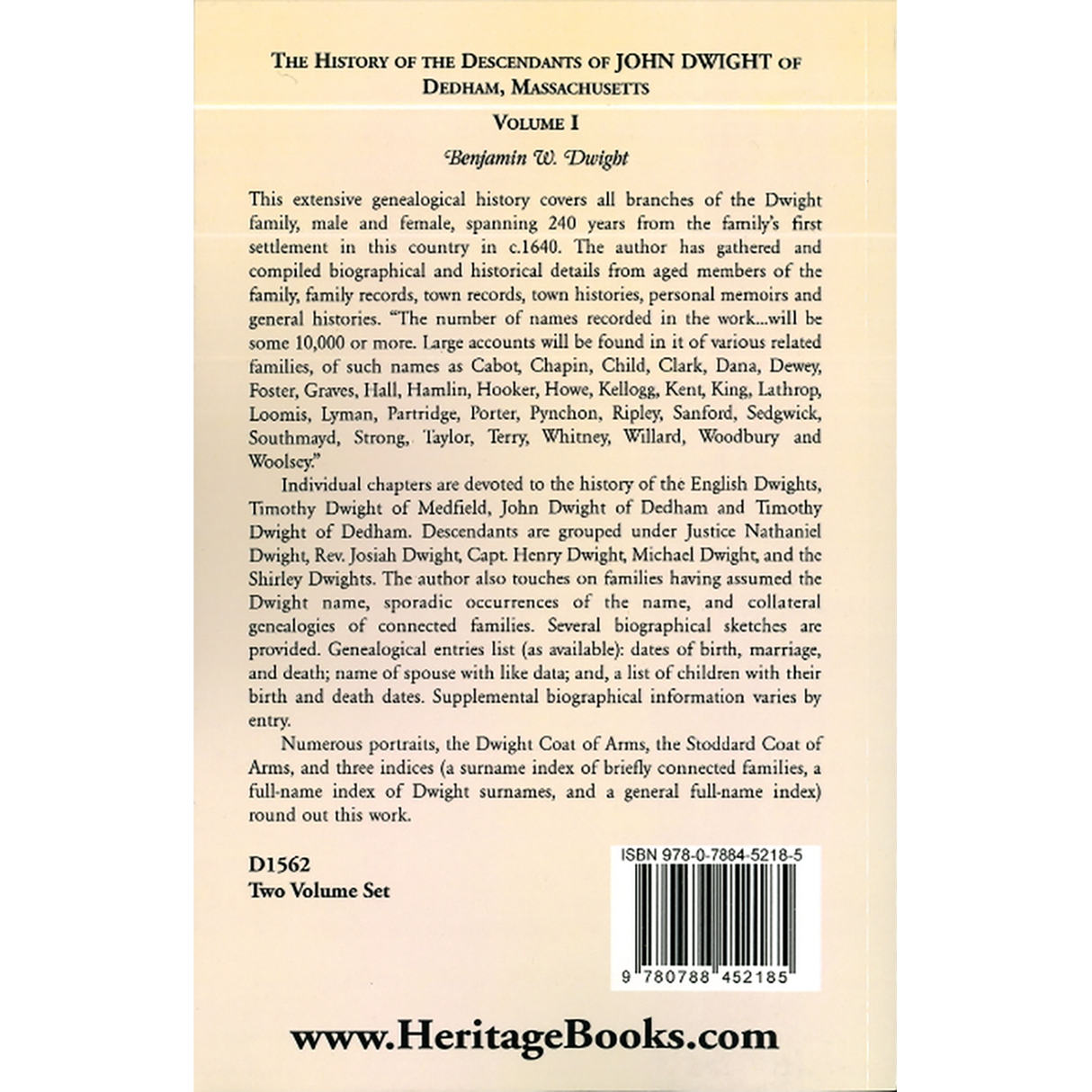 The History of the Descendants of John Dwight of Dedham, Massachusetts, Volume 1 back cover