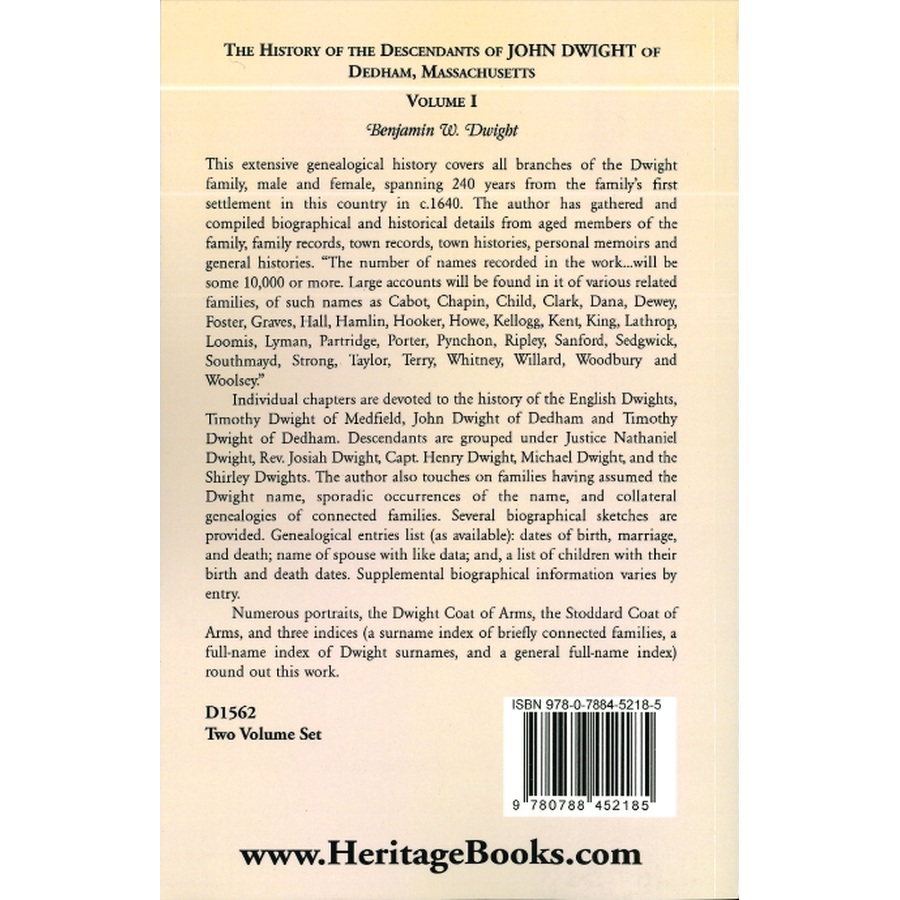 The History of the Descendants of John Dwight of Dedham, Massachusetts, Volume 1 back cover