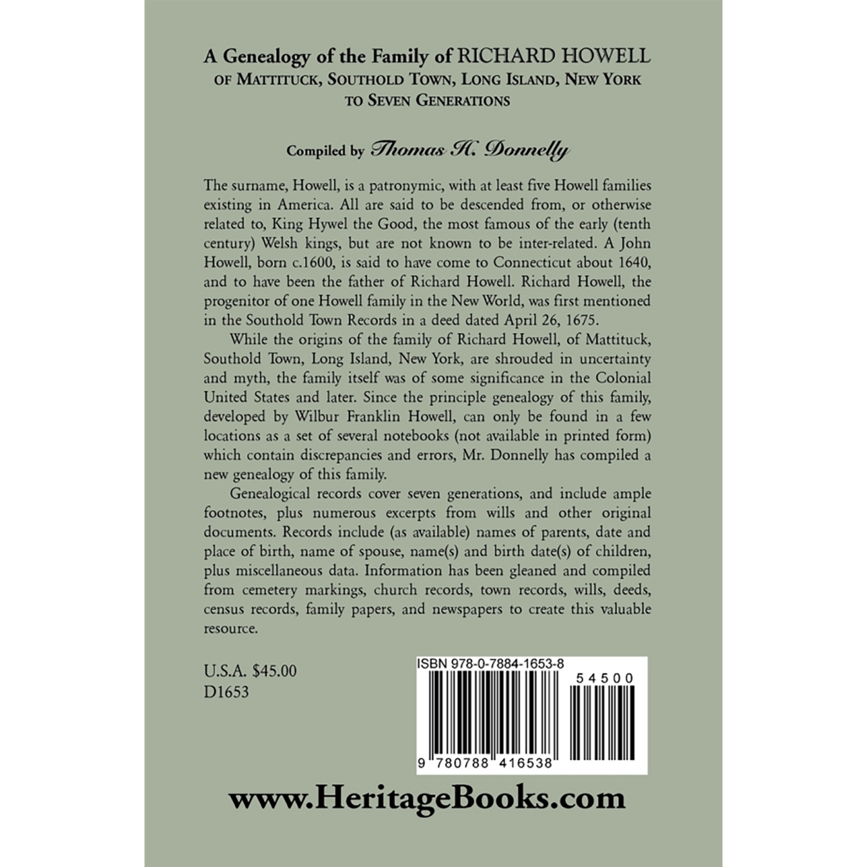 A Genealogy of the Family of Richard Howell of Mattituck, Southold Town, Long Island, New York to Seven Generations back cover