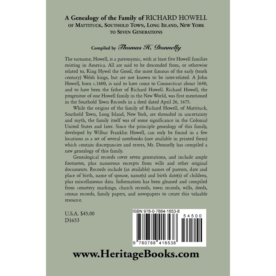 A Genealogy of the Family of Richard Howell of Mattituck, Southold Town, Long Island, New York to Seven Generations back cover