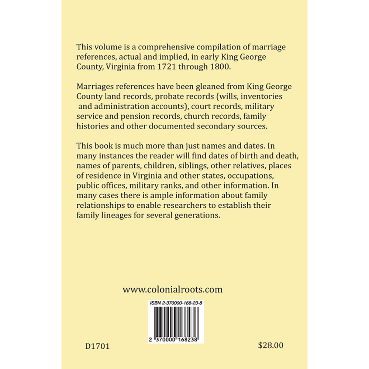 King George County, Virginia Marriage References and Family Relationships, 1721-1800 back cover