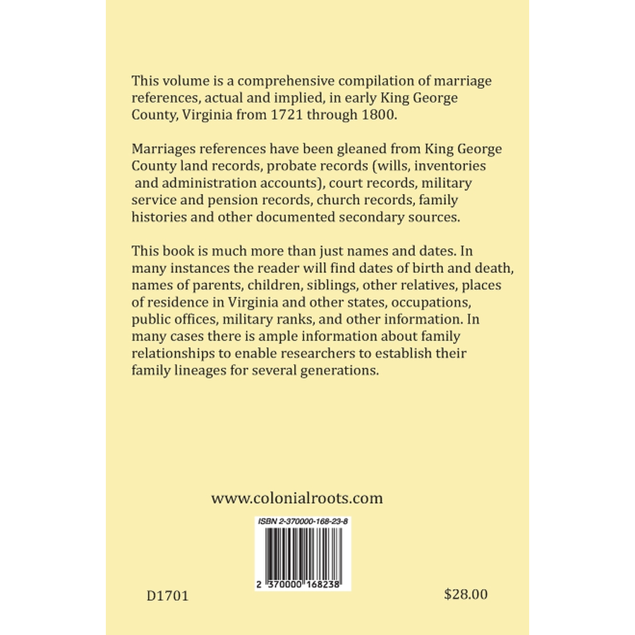 King George County, Virginia Marriage References and Family Relationships, 1721-1800 back cover