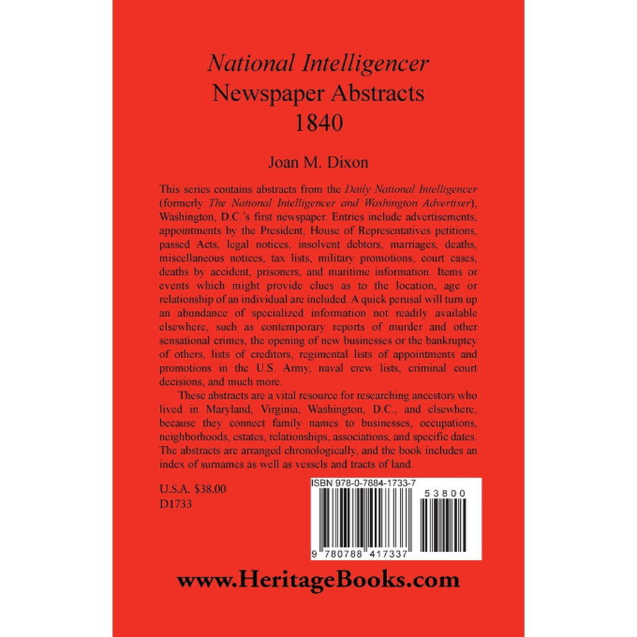 back cover of National Intelligencer Newspaper Abstracts, 1840